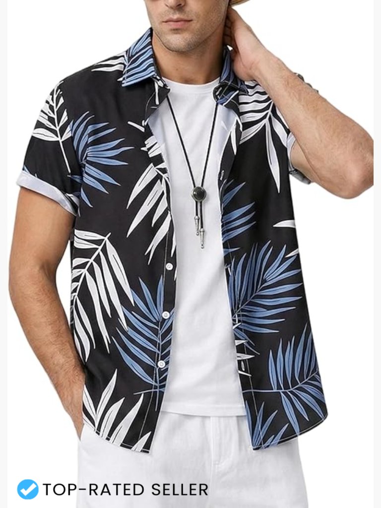 Men's Leaves Printed Short Sleeve Hawaiian Button Up Casual Beach Shirt Vacation